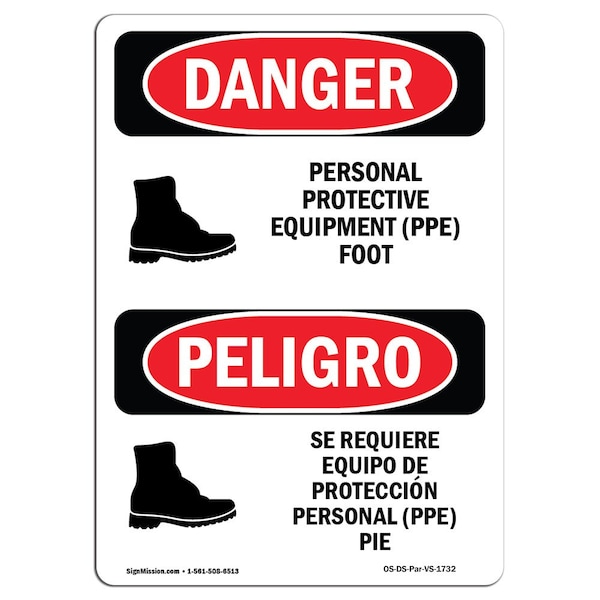 OSHA, Personal Protective Equipment Pie Bilingual, 24in X 18in Rigid Plastic, 18" W, 24" H, Spanish